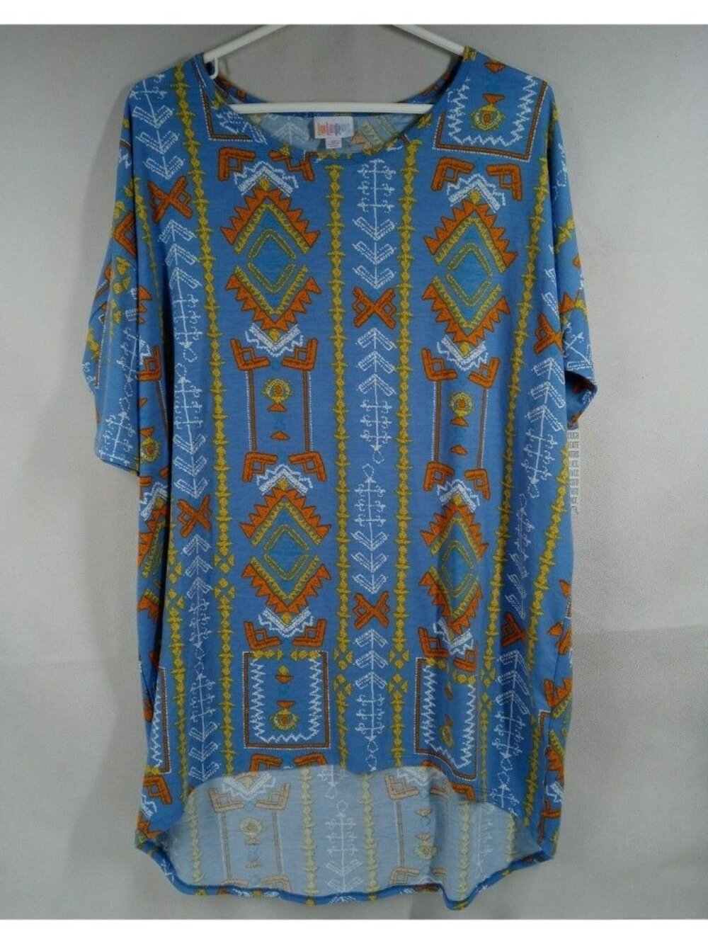 NWT Lularoe Irma Tunic Blue With Yellow, Orange & White African Designs Size M